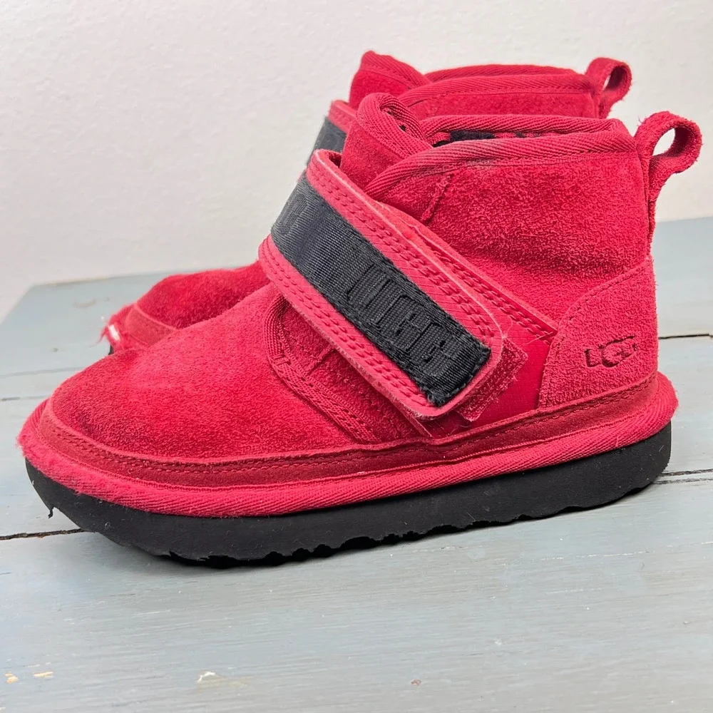 UGG Neumel II Graphic Strap Red Suede Kids Boots Size 11 girls